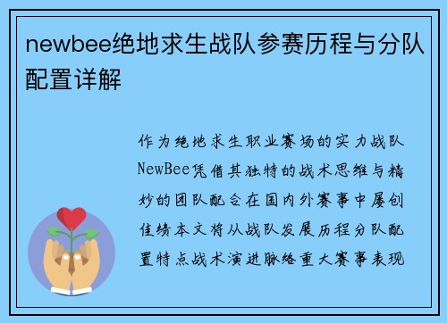 newbee绝地求生战队参赛历程与分队配置详解